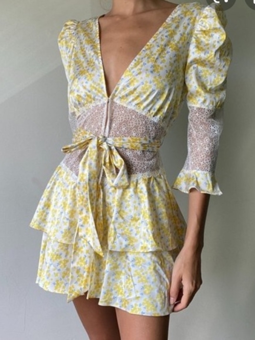 For Love & Lemons Yellow Floral Lace-Trim Tiered Mini Dress